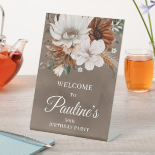 White Neutral Fall Flowers 50th Birthday Pedestal Sign