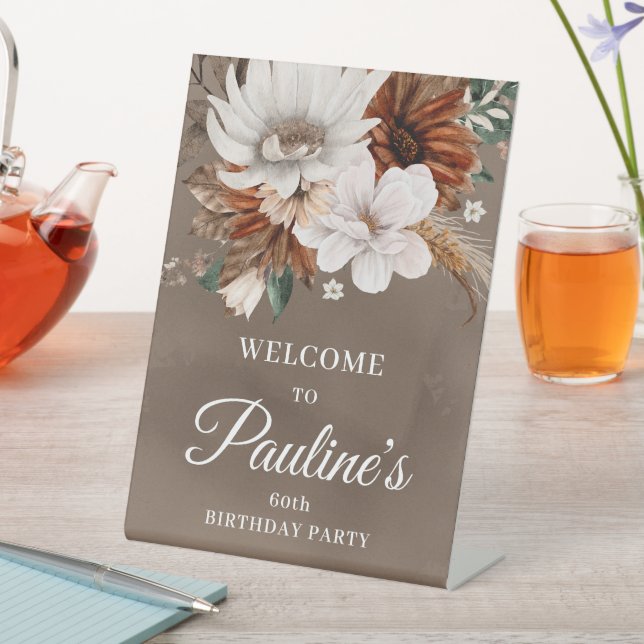 White Neutral Fall Flowers 60th Birthday Pedestal Sign (In SItu)