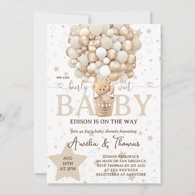 White Neutral Teddy Bear Baby Shower  Invitation (Front)