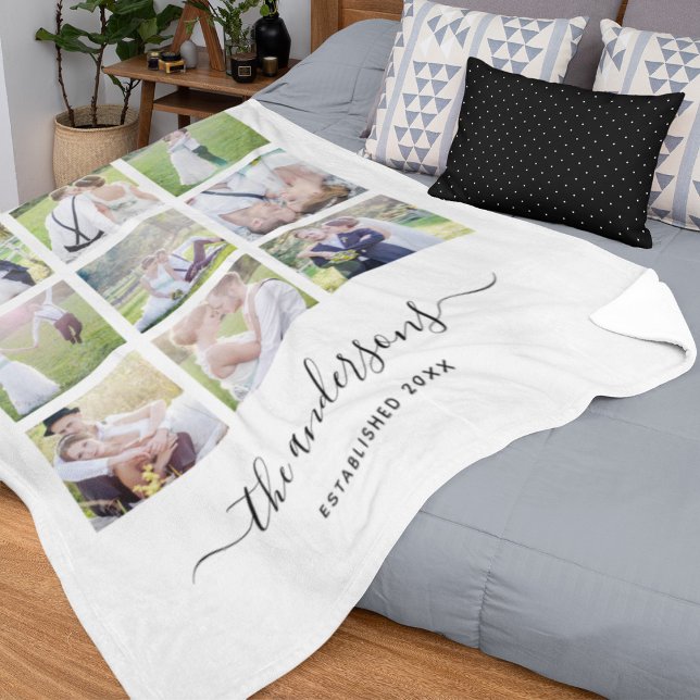 White Nine Photo Collage Family Name Calligraphy Fleece Blanket (Creator Uploaded)