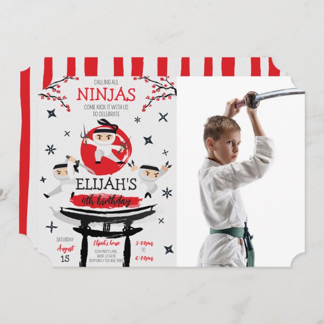 White Ninja Warrior Martial Arts Birthday Photo Invitation (Front/Back)