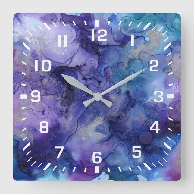 White Numbers / Modern Purple, Blue, Gold Abstract Square Wall Clock (Front)