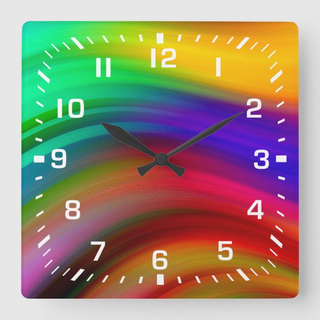 White Numbers / Rainbow Wave Stripes Square Wall Clock (Front)