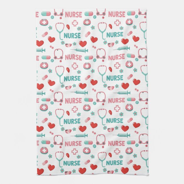 White Nurse Life Seamless Pattern (1) Tea Towel (Vertical)