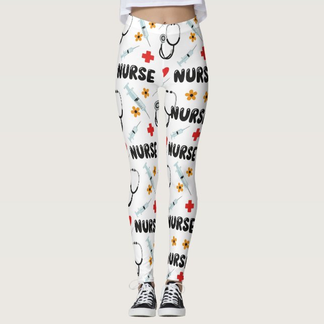 White Nurse Life Seamless Pattern (2) Leggings (Front)