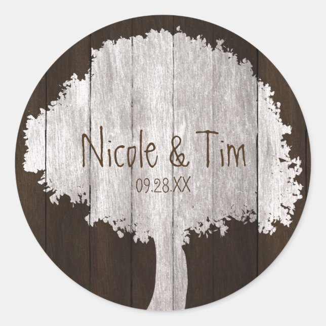 White Oak Tree & Wood Rustic Wedding Favour Sticke Classic Round Sticker (Front)
