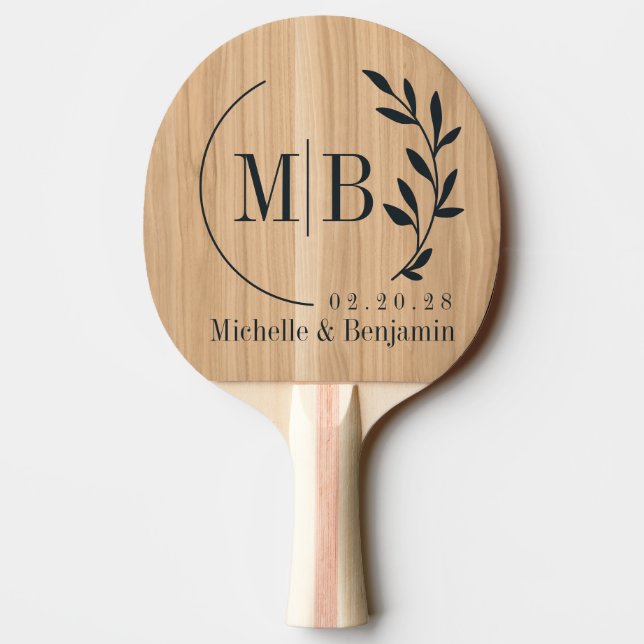 White Oak Wood Leaf Wedding Monogram Ping Pong Paddle (Back)