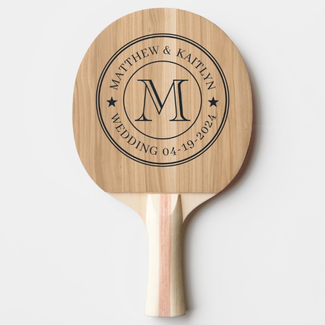 White Oak Wood Wedding Monogram Star Ping Pong Paddle (Front)