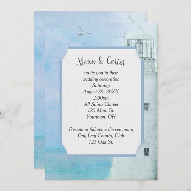 White Ocean Lighthouse Wedding Invitation (Front/Back)