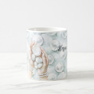 White Ocean Seafoam Blue Shells Pearls Coffee Mug