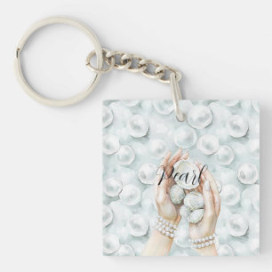 White Ocean Seafoam Blue Shells Pearls Key Ring