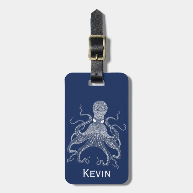 White Octopus Luggage Tag (Front Vertical)