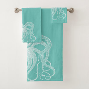 White octopus nautical illustration on blue-green bath towel set