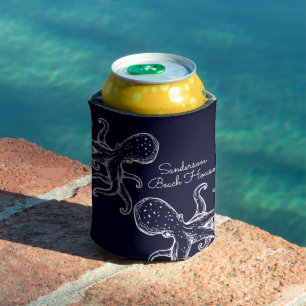White Octopus navy blue nautical  Can Cooler