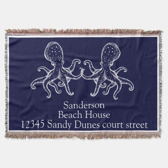 White Octopus navy blue nautical ocean coastal  Throw Blanket (Front)