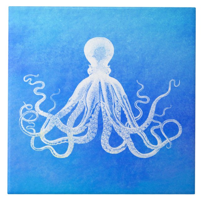 White Octopus Ocean Blue Watercolor  Ceramic Tile (Front)
