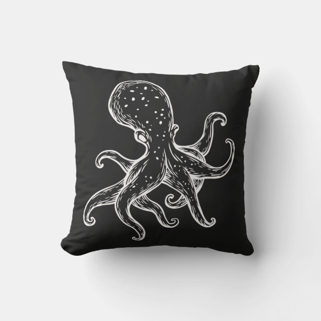 White Octopus  on black nautical Cushion (Front)