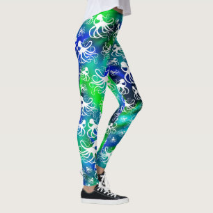 White Octopus On Blue Green - Leggings