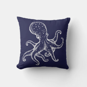 White Octopus on navy ocean blue nautical Cushion