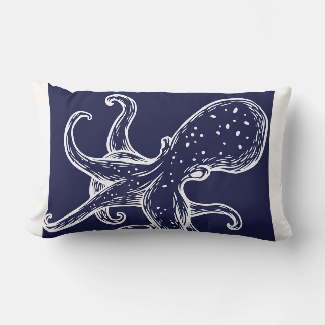 White Octopus  on navy ocean blue nautical Lumbar Cushion (Front)