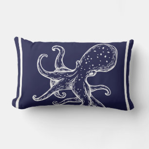 White Octopus  on navy ocean blue nautical Outdoor Lumbar Cushion