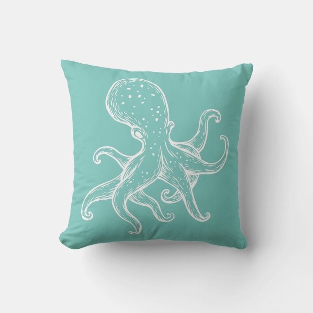 White Octopus  on sea teal ocean blue nautical Cushion (Front)
