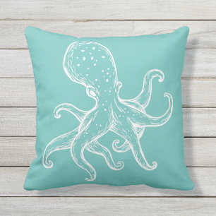 White Octopus on sea teal ocean blue nautical Cushion