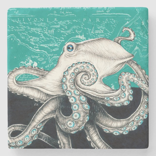 White Octopus Teal Vintage Map Stone Coaster (Front)