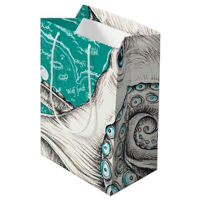 White Octopus Vintage Map Teal Medium Gift Bag (Back Angled)