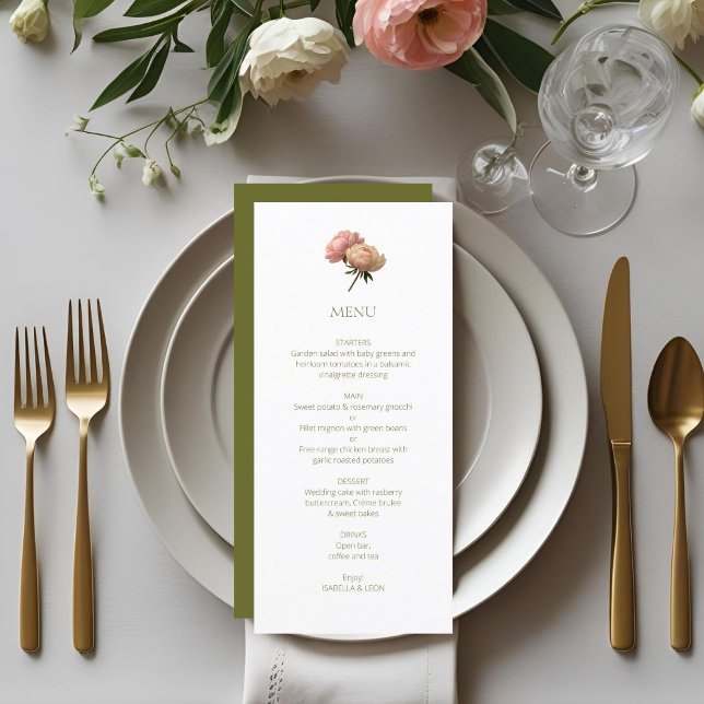 White & Olive | Chic Floral Rose Wedding  Menu (Creator Uploaded)