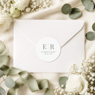 White & Olive Minimalist Monogram Wedding Classic Round Sticker