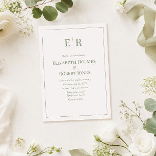 White & Olive Minimalist Monogram Wedding  Invitation