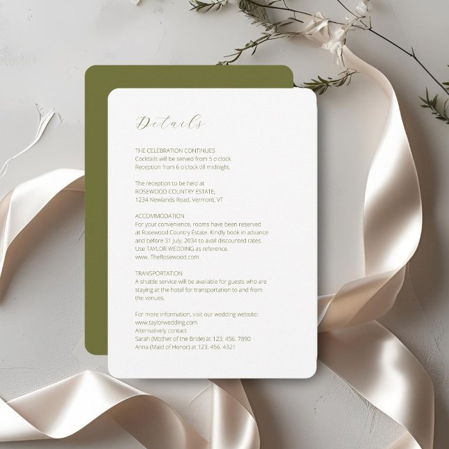 White & Olive | Script Minimal Wedding Detail  Enclosure Card (Creator Uploaded)