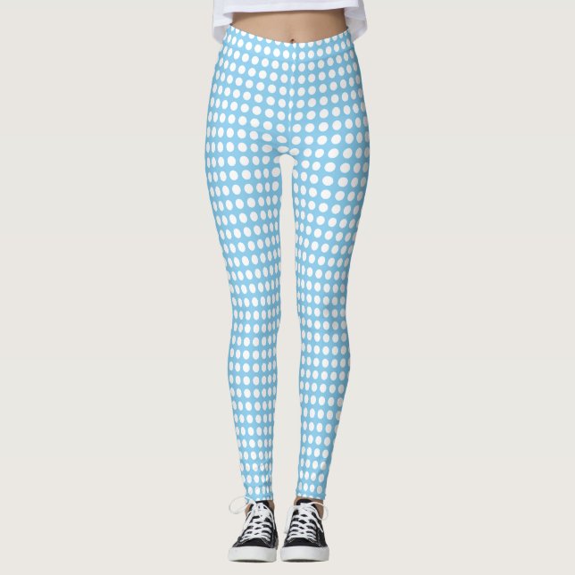 White on Baby Blue Small Size Horiz. Polka Dots Leggings (Front)