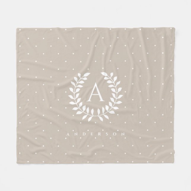 White On Beige Laurel Monogram Polka Dot Pattern Fleece Blanket (Front (Horizontal))