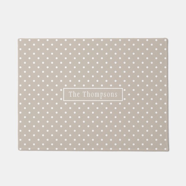 White On Beige Polka Dots Pattern With Custom Name Doormat (Front)