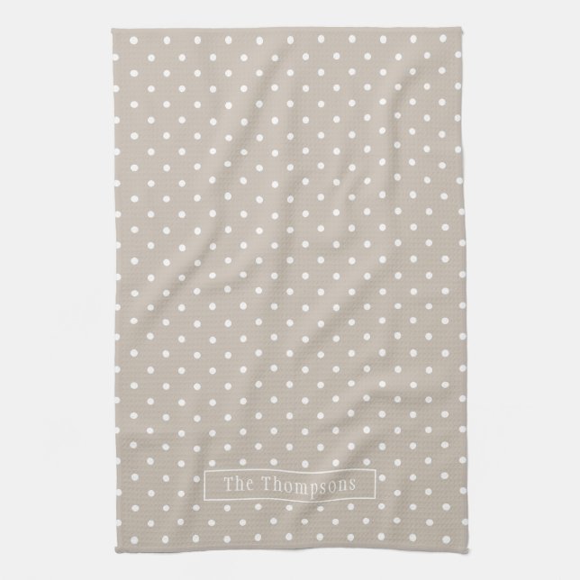 White On Beige Polka Dots Pattern With Custom Name Tea Towel (Vertical)