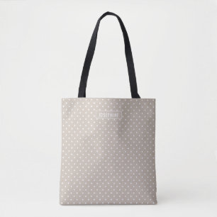 White On Beige Polka Dots Pattern With Custom Name Tote Bag