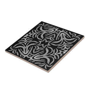 White On Black Chain Linked Repeating Pattern Art Ceramic Tile