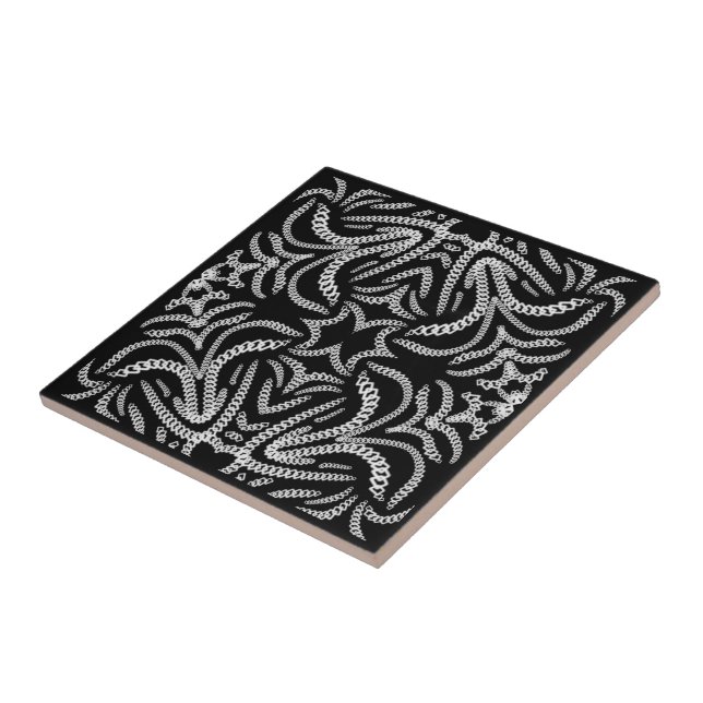 White On Black Chain Linked Repeating Pattern Art Ceramic Tile (Side)