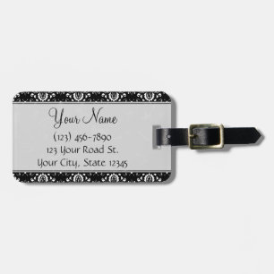 White on Black Damask and Stripes with Monogram Luggage Tag