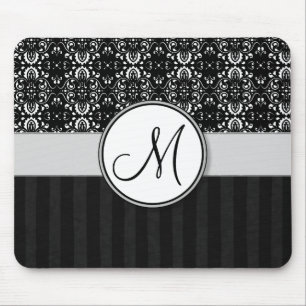 White on Black Damask and Stripes with Monogram Mouse Pad