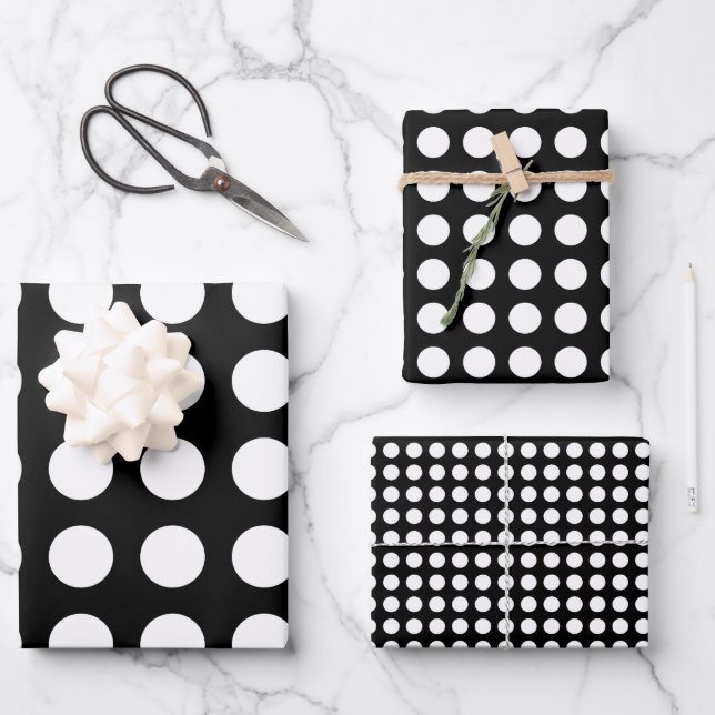 White on Black Different Sizes Horiz. Polka Dots Wrapping Paper Sheet (Front)