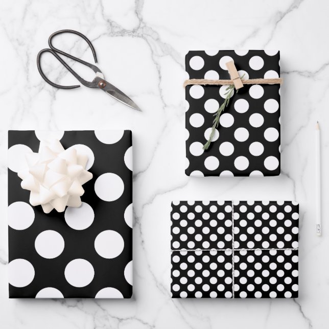 White on Black Different Sizes Polka Dots Wrapping Paper Sheet (Front)