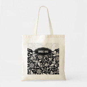 White On Black Floral Damask Pattern 2-Monogram Tote Bag
