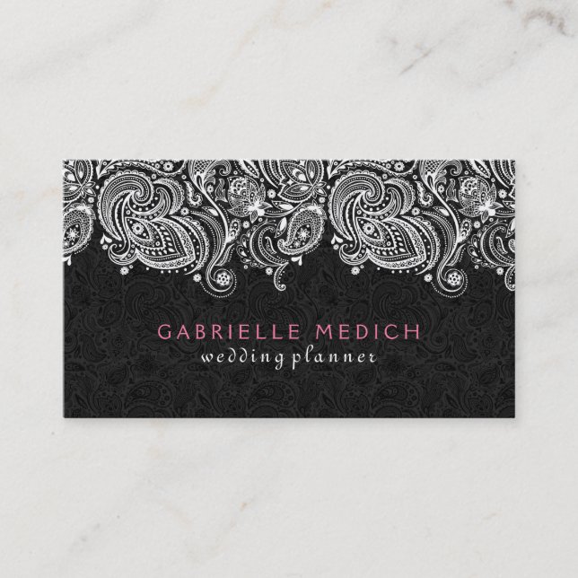 White On Black Floral Paisley Lace Business Card (Front)