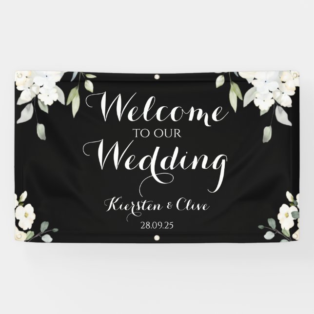 White On Black Floral Welcome To Our Wedding Banner (Horizontal)