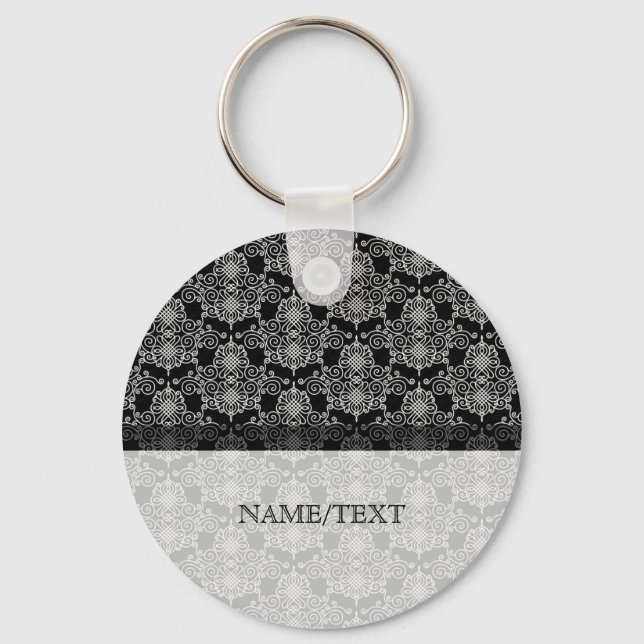 White On Black Geometric Pattern Swirls Key Ring (Front)