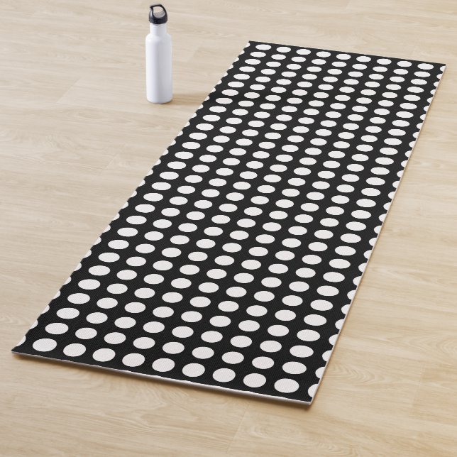 White on Black Large Size Horizontal Polka Dots Yoga Mat (In Situ)