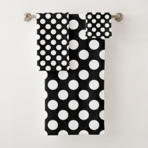White on Black Large Size Polka Dots Bath Towel Set